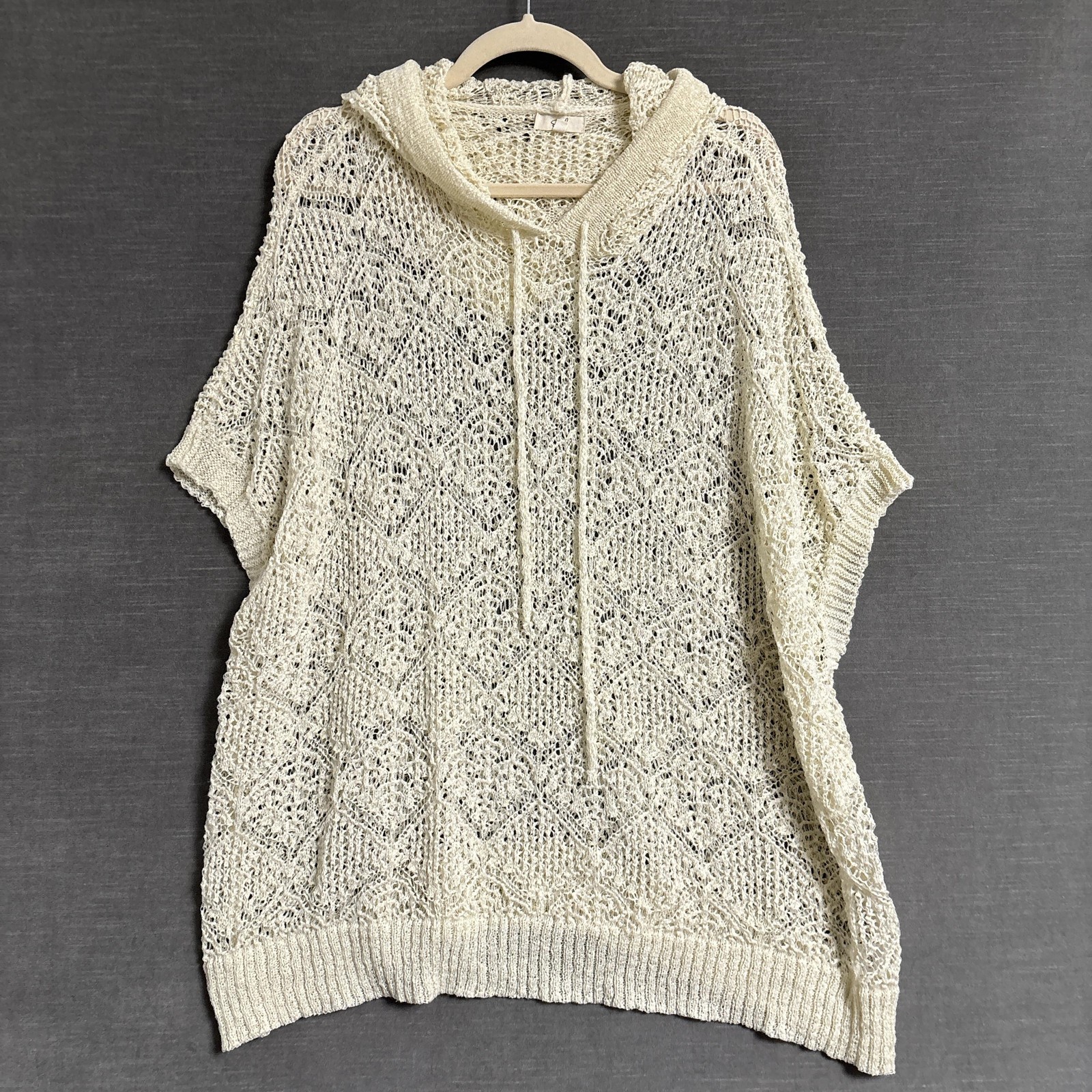 Easel Sweater Tunic M White Open Knit Hooded Dolman Sleeve Boho Beach Oversized