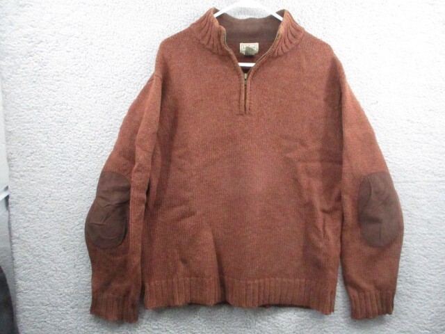 LL BEAN Shetland Wool Pullover Sweater Medium Elbow Patches 1/4 Zip Brown