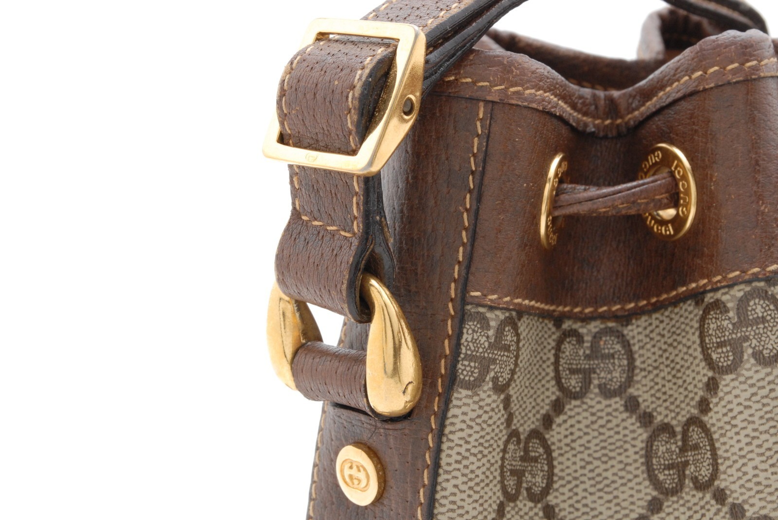 Gucci GG Supreme Drawstring Bucket Shoulder Bag PVC Leather Brown Vintage