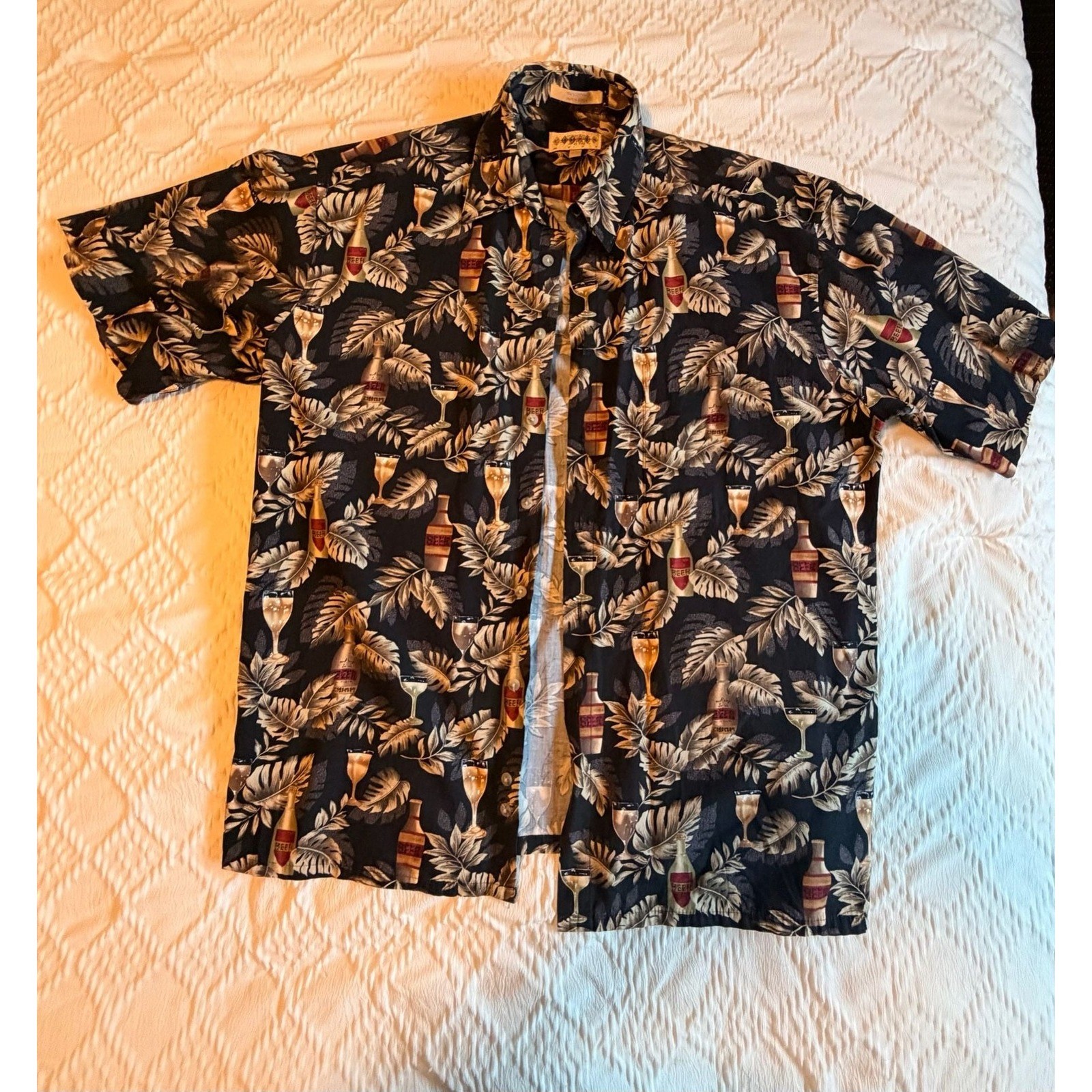 Campia Moda Mens Large Vintage Hawaiian Shirt Beer Tropical Leaf Cotton Navy L