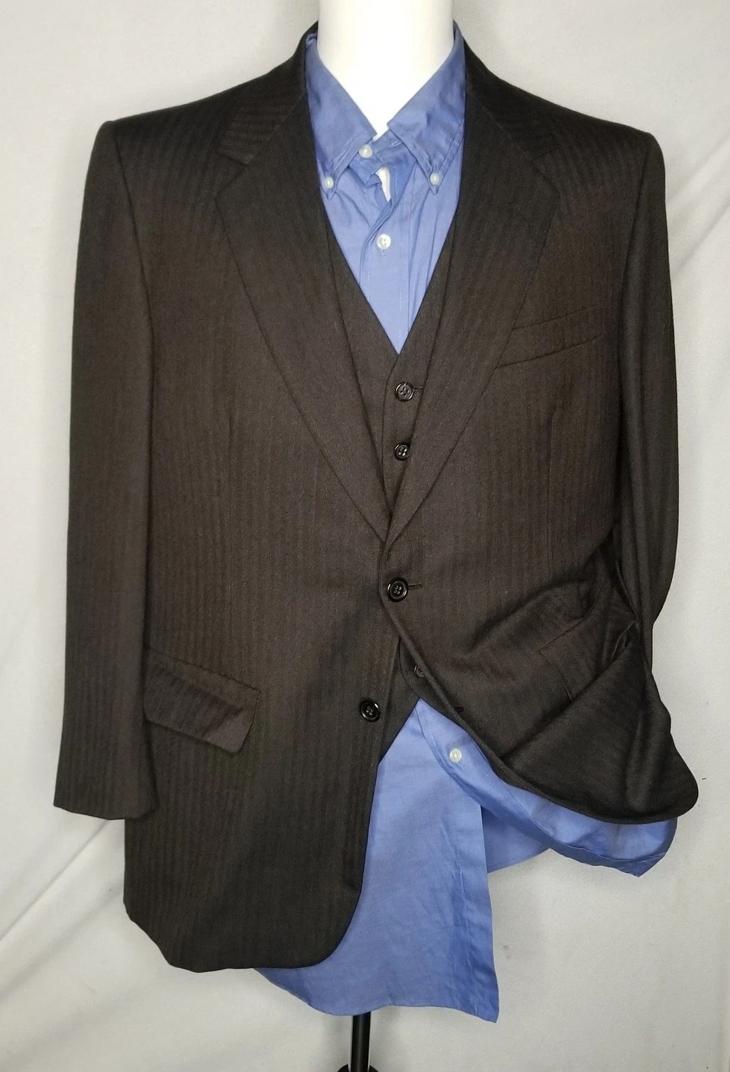 Vtg Hickey Freeman 42R Brown Herringbone Tweed 3pc Suit Jacket Vest Pants W38