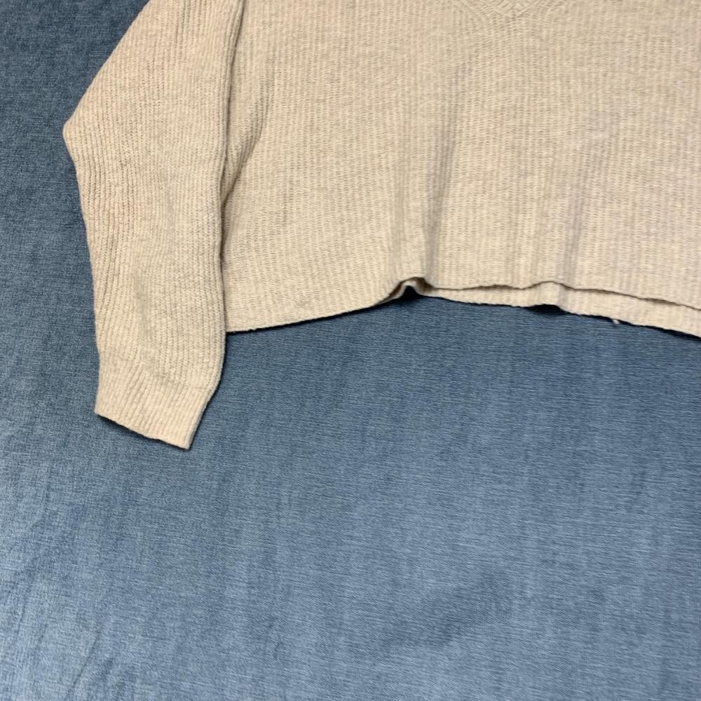 Open Edit Cropped Sweater Womens Large Beige Tight Knit Cotton V Neck Streetwear