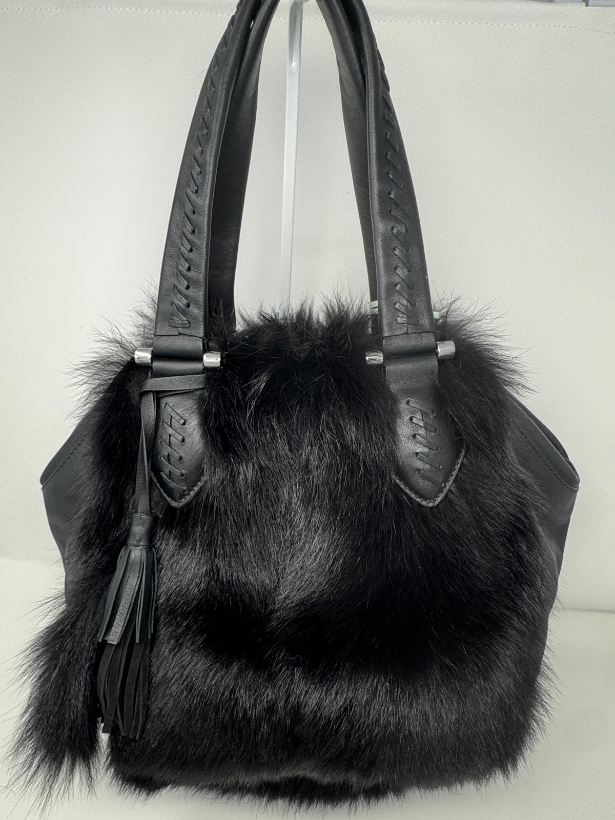 TOUS Genuine Nutria Fur Leather Oversized Shoulder Tote Luxury Handbag Black NWT