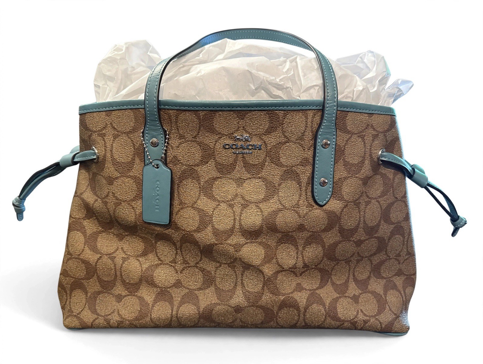 Coach Signature Monogram Satchel Handbag Medium Brown/Blue Drawstring Charm