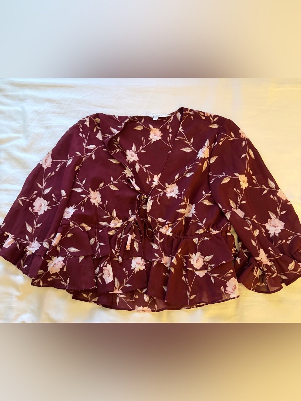 WAYF Free Spirit Floral Ruffle Top XS Burgundy Boho Romantic