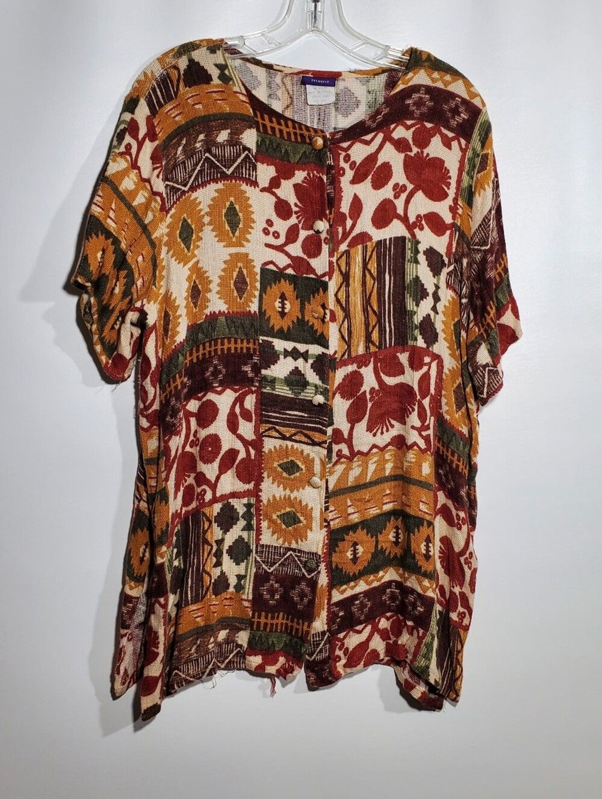 Vintage Resource Patchwork Boho Pattern Short Sleeve Button Up Top L/XL