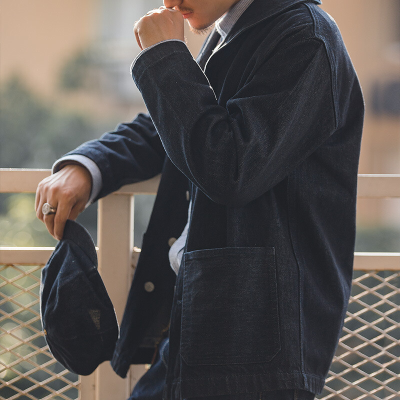 American Denim Dungaree Retro Men’s Jacket Coat Amikaki Casual Coat Blue Cotton