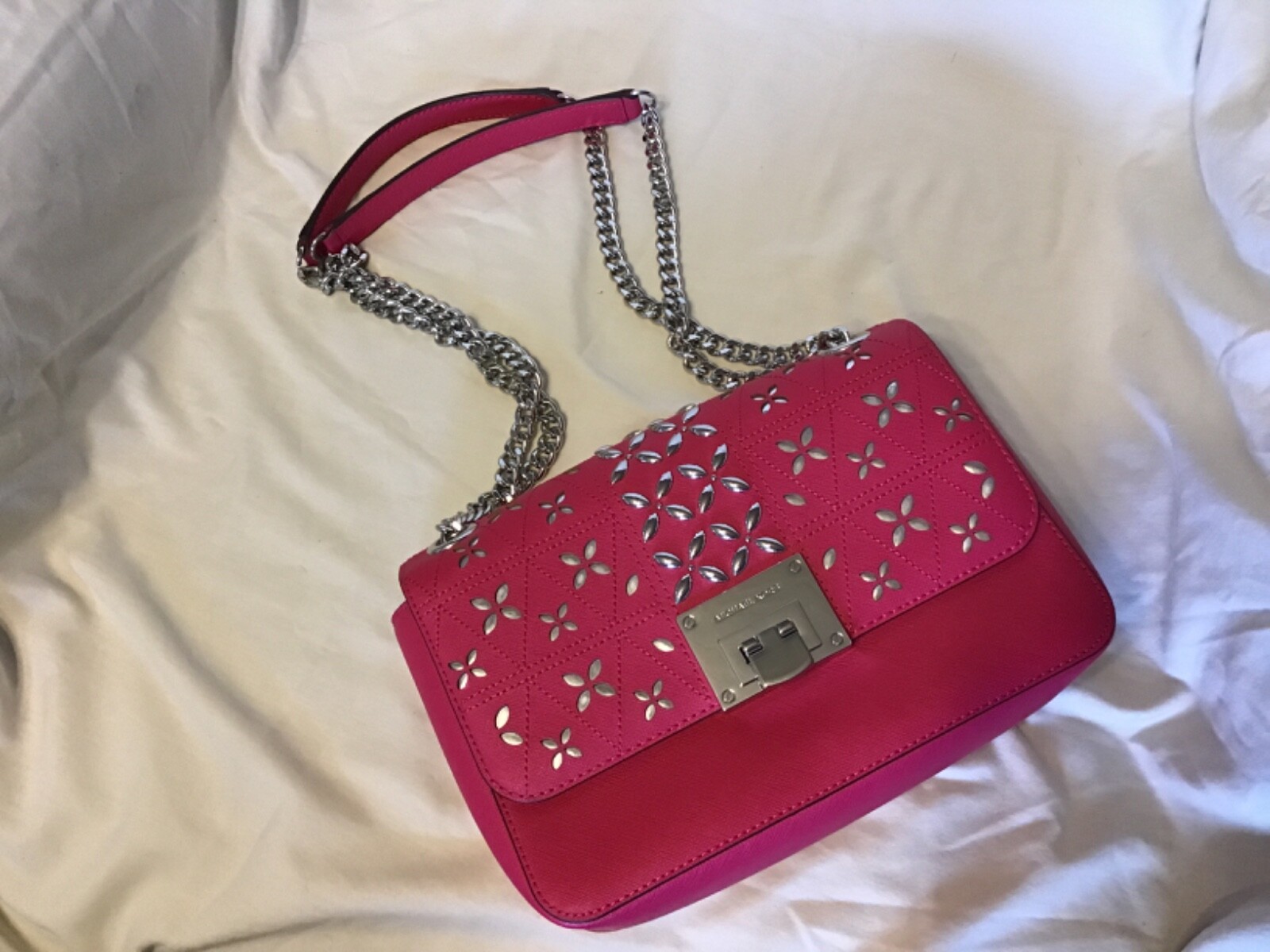 MICHAEL KORS TINA MED Flap Chain Shoulder Bag In ULTRA PINK SILVER Studded New