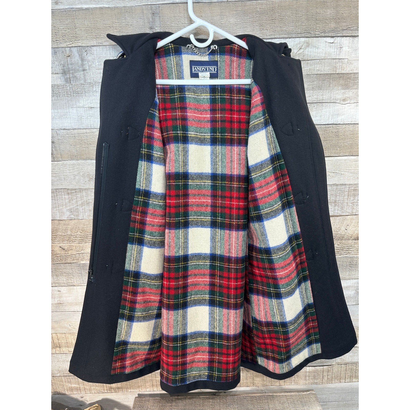Lands End Womens Black Wool Duffle Coat Plaid Lined Hooded Toggle Button