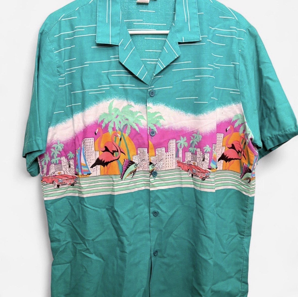 Men’s Vintage Short Sleeve Button Down Camp Shirt Fish Flamingos Cars XL
