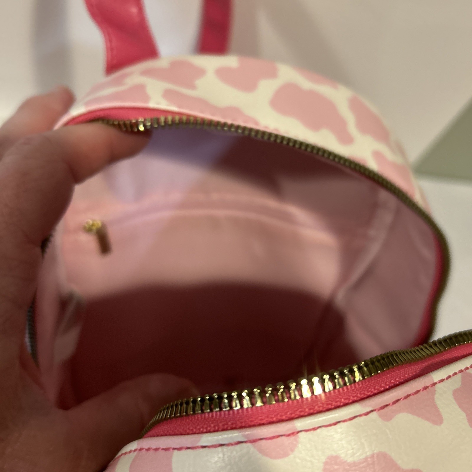 Strawberry Milk Cow Backpack Pink and White Used 11 Inches Gold Hardware Zipper