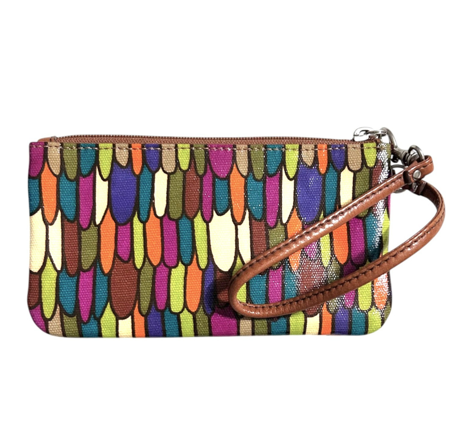 Fossil Key-Per Corner Zip Wristlet Wallet Multi Color Coated Canvas Leather Trim