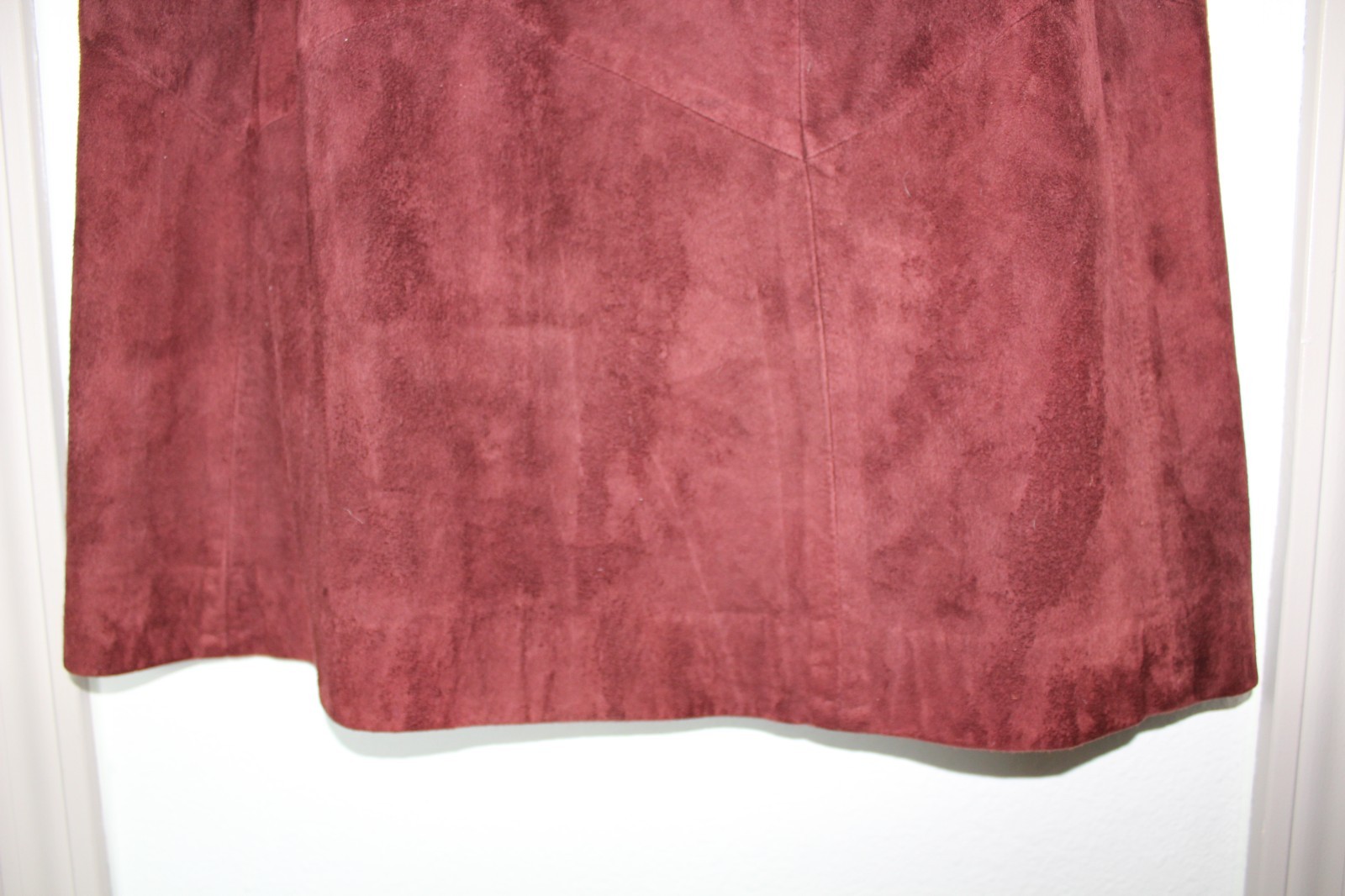 VTG 80s Suede Leather Designs Brown Burgundy Midi Skirt Chevron Panel Elastic L