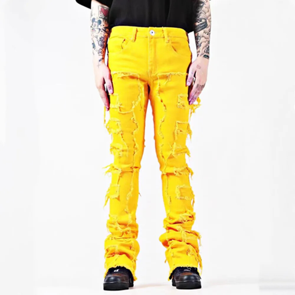 Men Fashion Jeans Street Stretch Patch Skinny Denim Straight Stacked Slim Pants