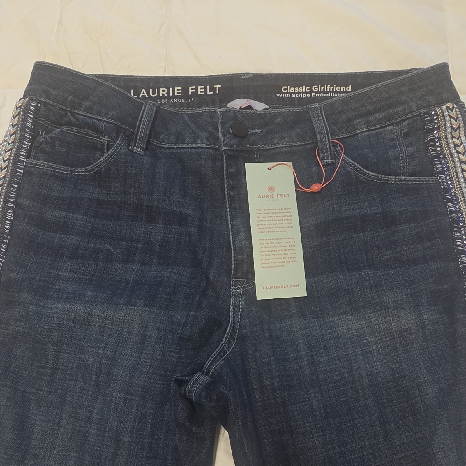 Laurie Felt Women’s Dark Wash Blue Denim Jeans Embellished Stripe Size 8