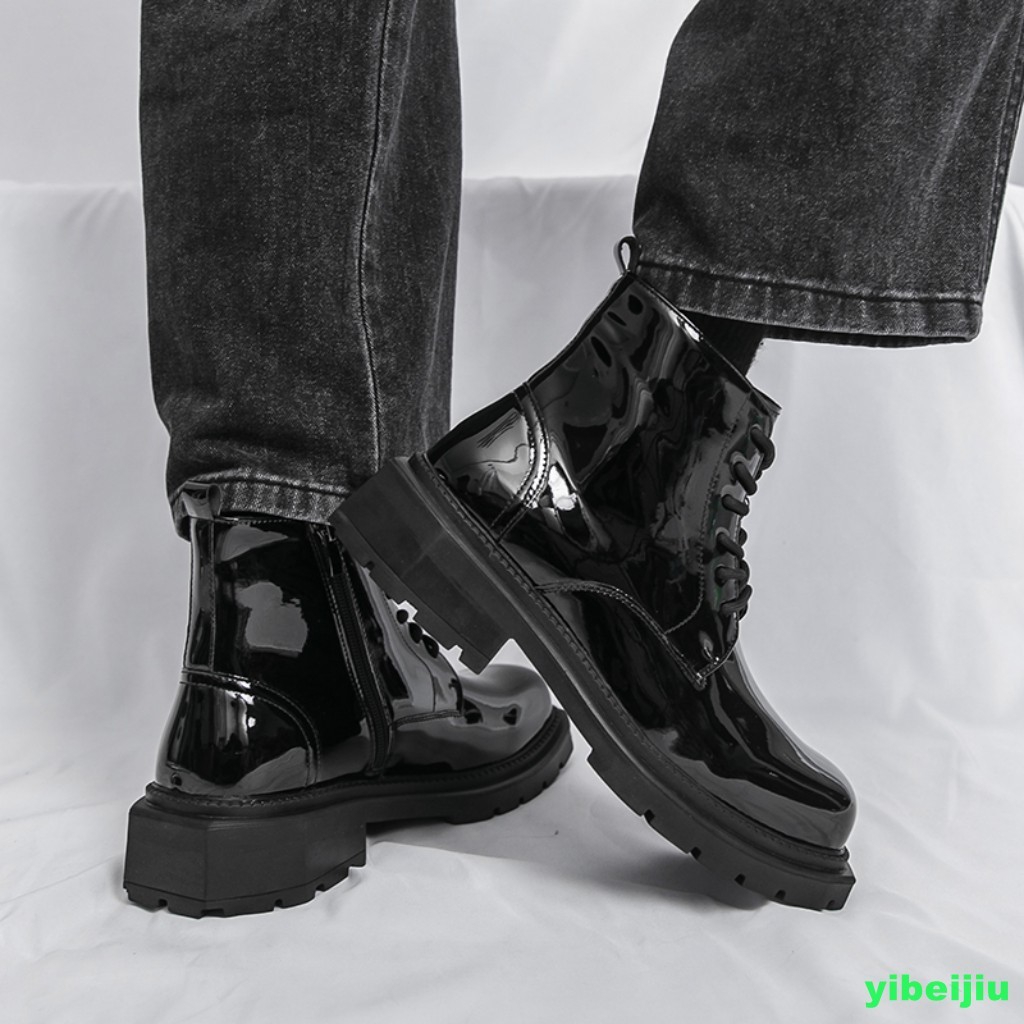 Mens Shiny Leather Dress Ankle Short Boots Platform Wide Shoes Motorcycle Gothic