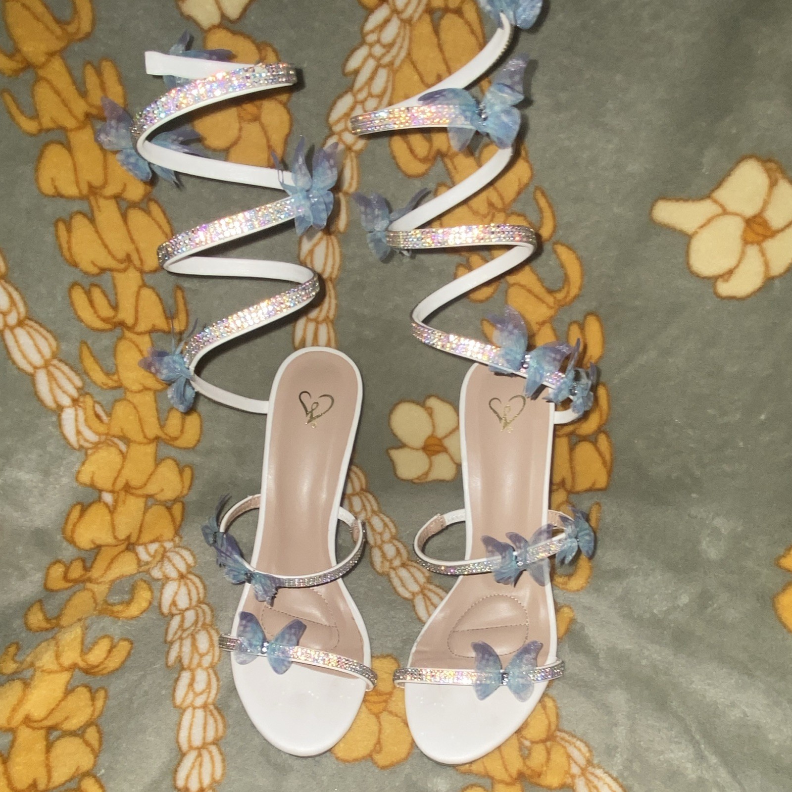 Windsor Women’s White/Blue Strappy Faux Leather Open Toe Ankle Wrap Heels 7.5