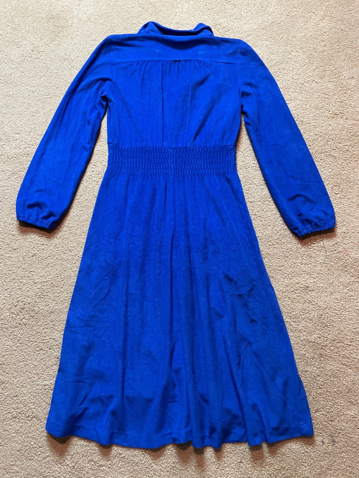 Vintage 1970s Hippie Velour Blue Butterfly Collar Disco Midi Shirt Dress S/M