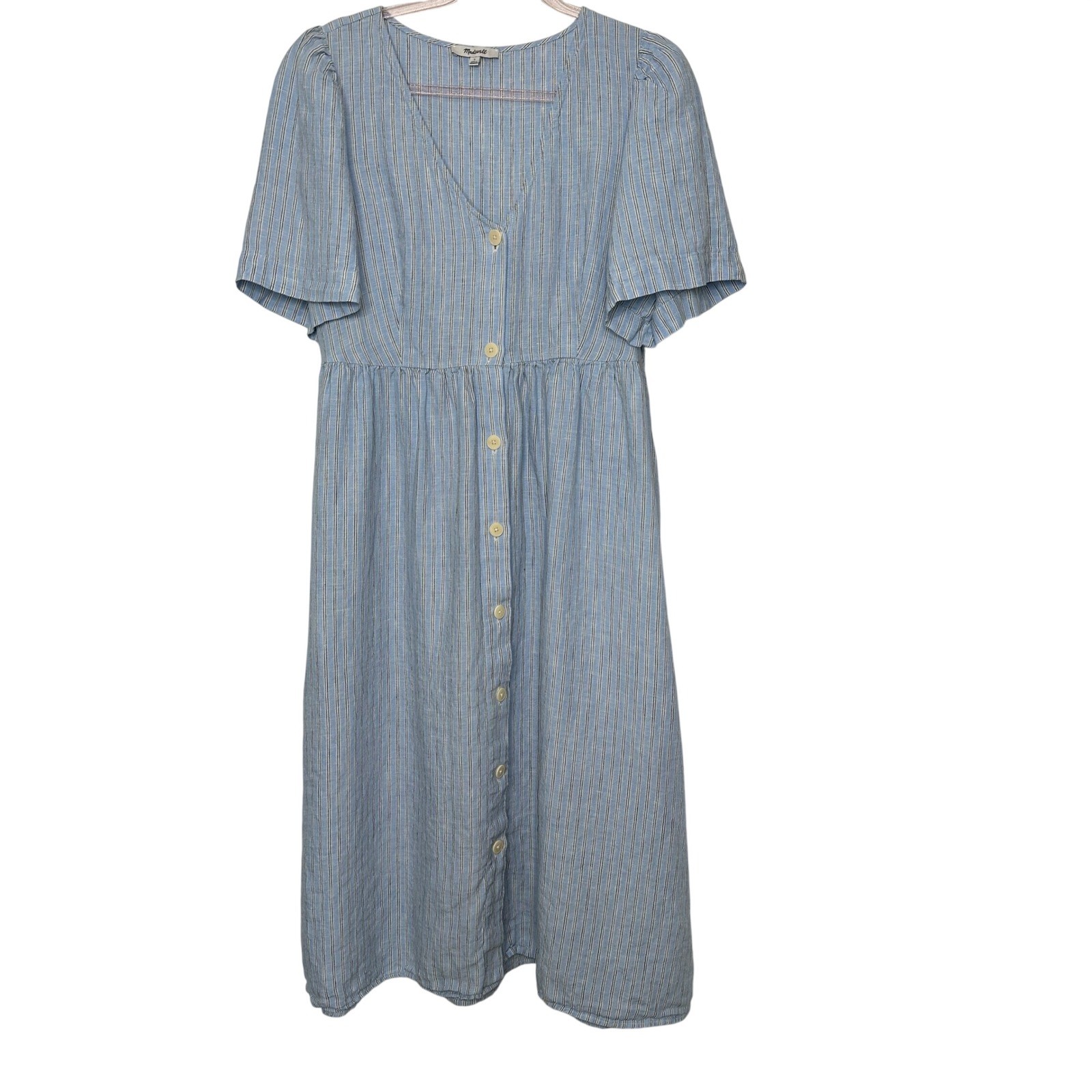 Madewell Cassie Striped Linen Button Front Midi Dress Size L Blue WhitePockets