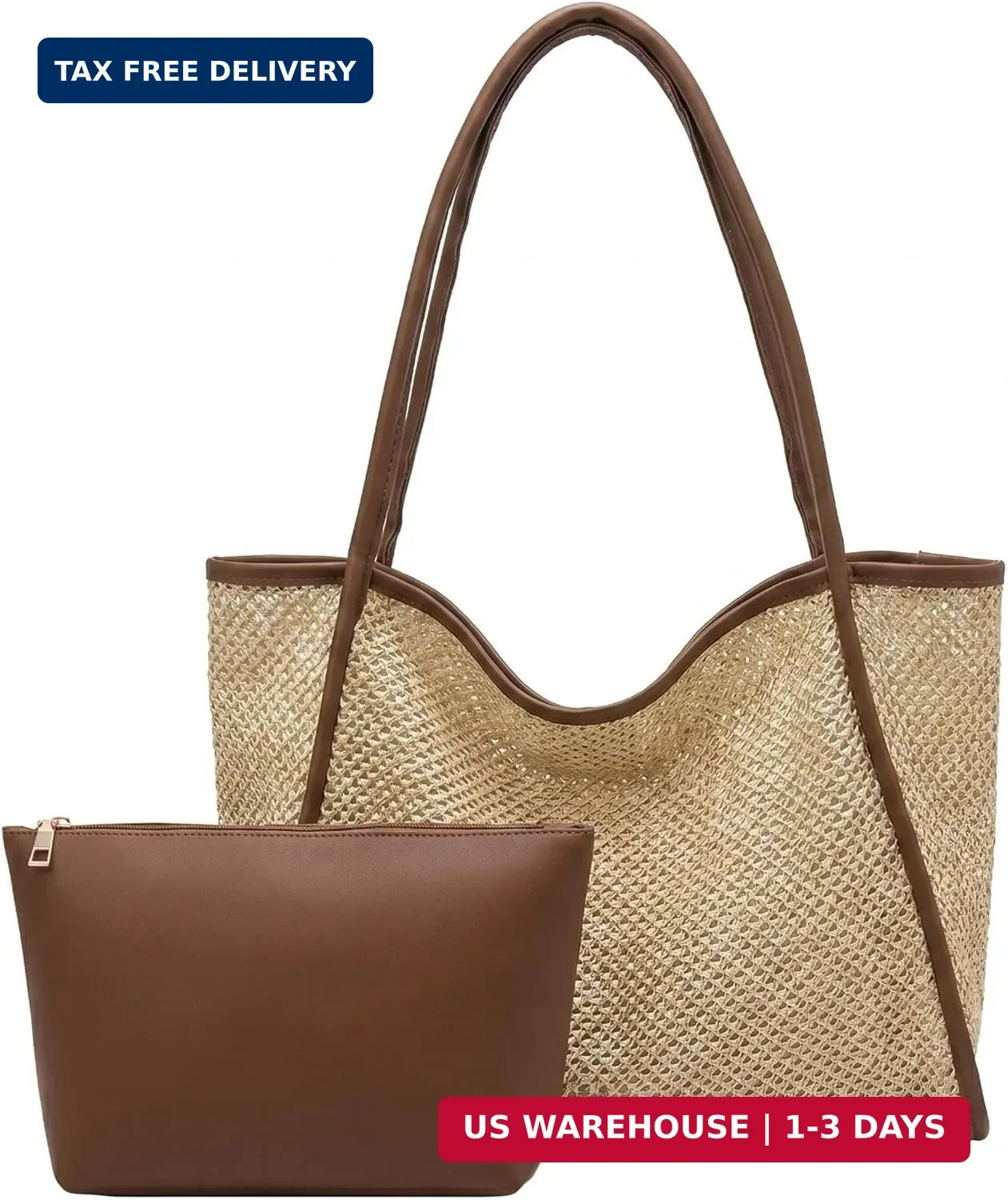 Straw Tote Bag for Women Large Woven Beach Bag with Zipper Pouch Summer Shoulder