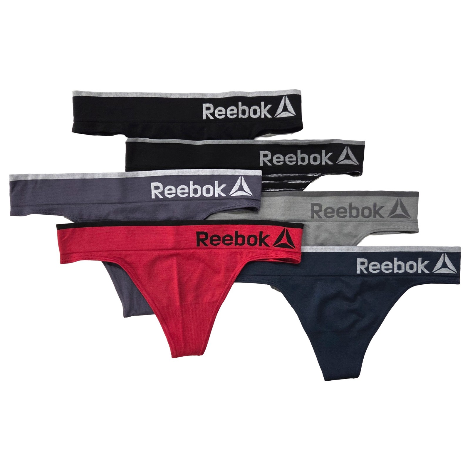 Reebok Womens Black, Gray, Navy & Red 6-Pack Thong Panties Underwear