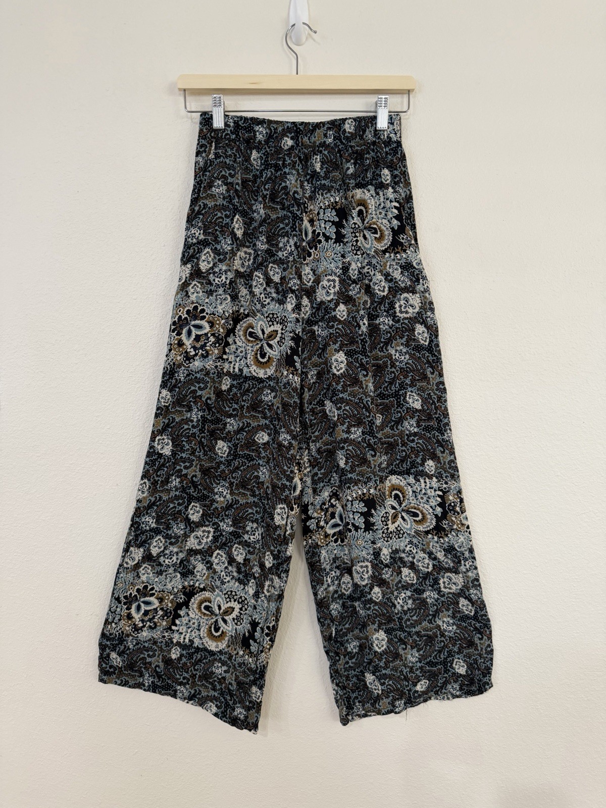 ZARA Black Blue Beige Brown Floral Wide-Leg Pants Elastic Waist Bohemian Women’s