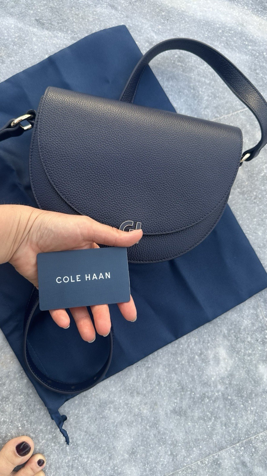 Cole Haan Evie Leather Saddle Bag Dark Navy Blue