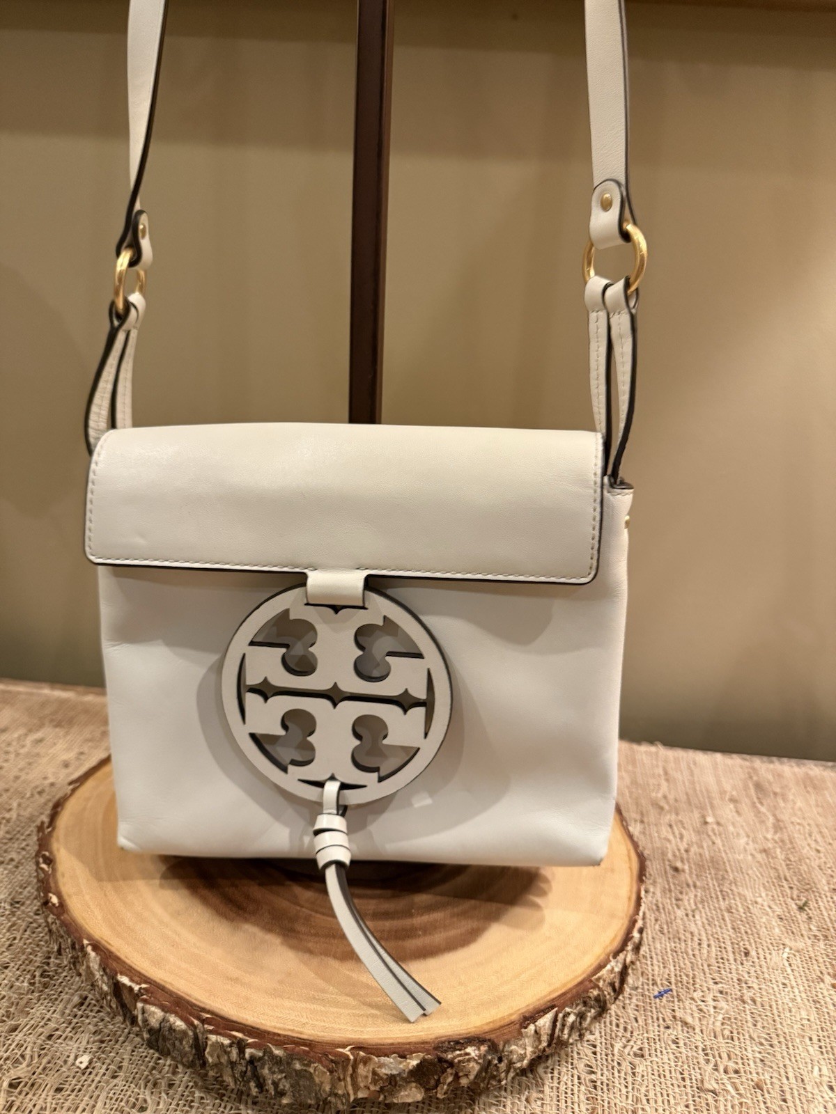 Tory Burch Miller Logo Leather Flap Crossbody Birch White Brushed Gold 398$