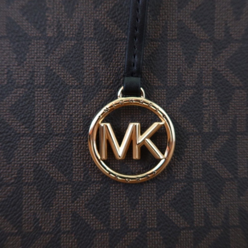 Michael Kors MK Monogram Tote Brown/Black Gold Hardware MK Charm Snap Pockets