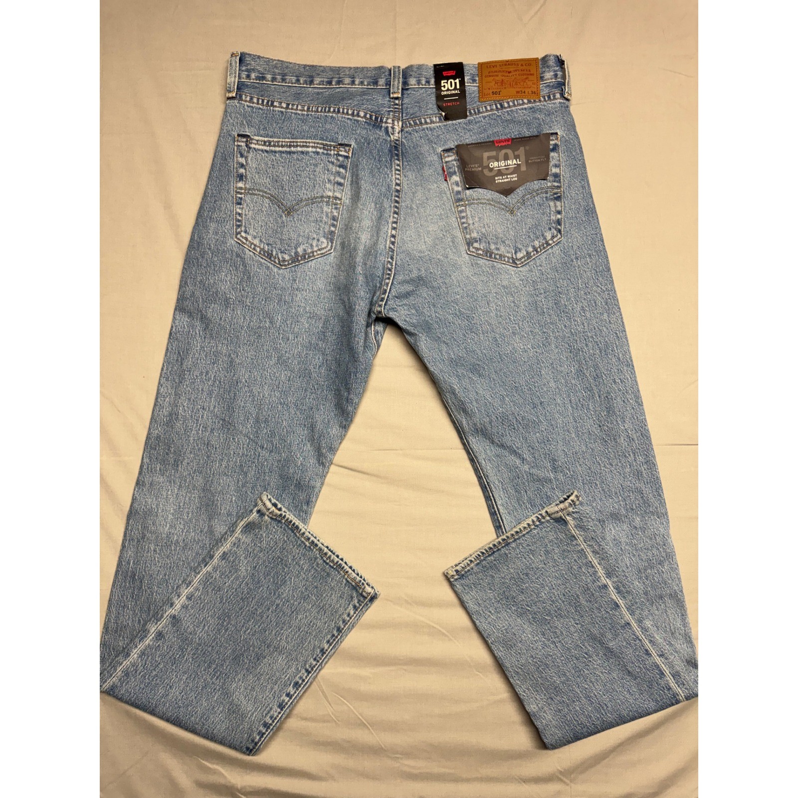 Levis Premium 501 Original Mens Light Wash Straight Leg Stretch Jeans 34×36