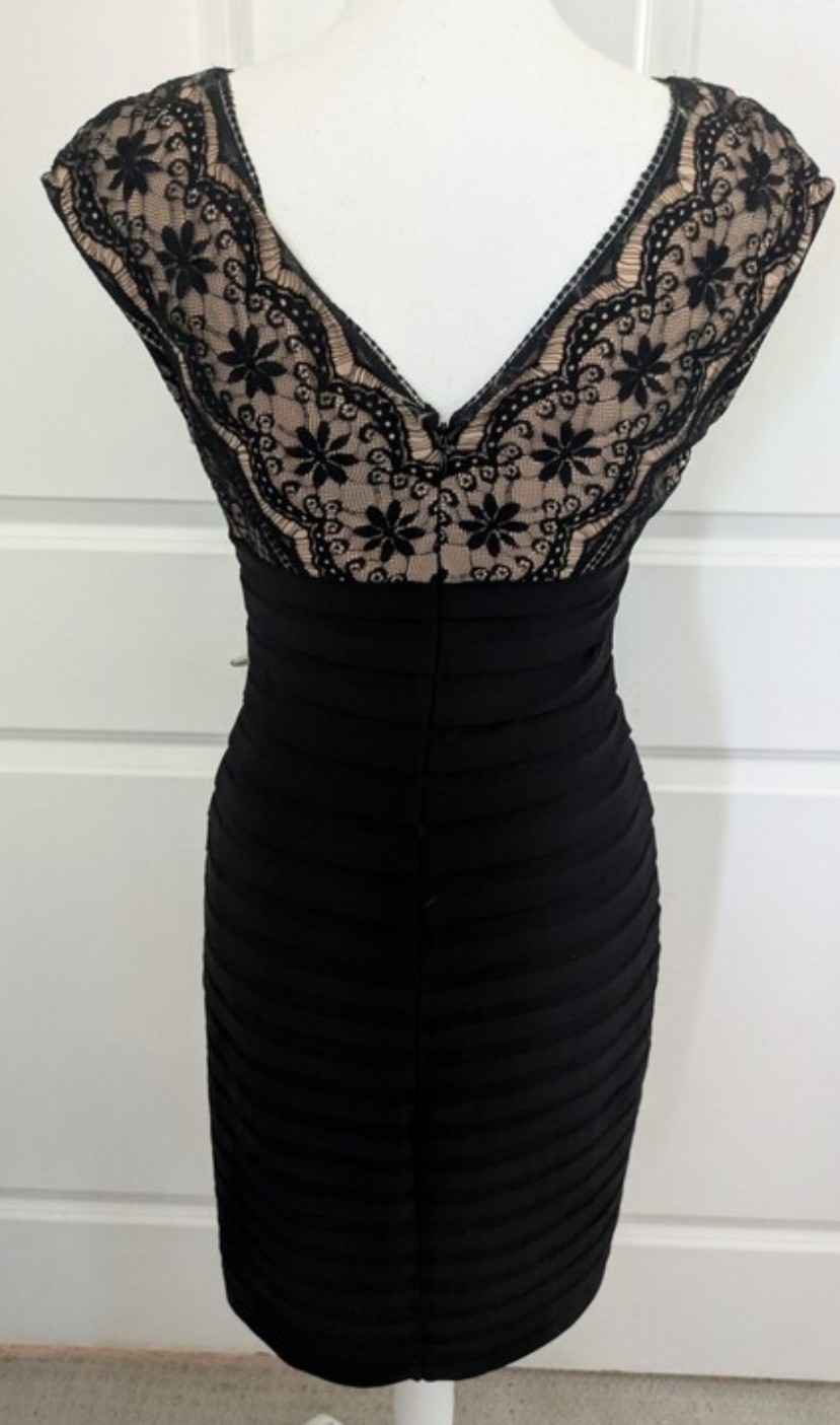 Adrianna Papell Black Nude Lace Shutter Pleat Cocktail Dress Size 4