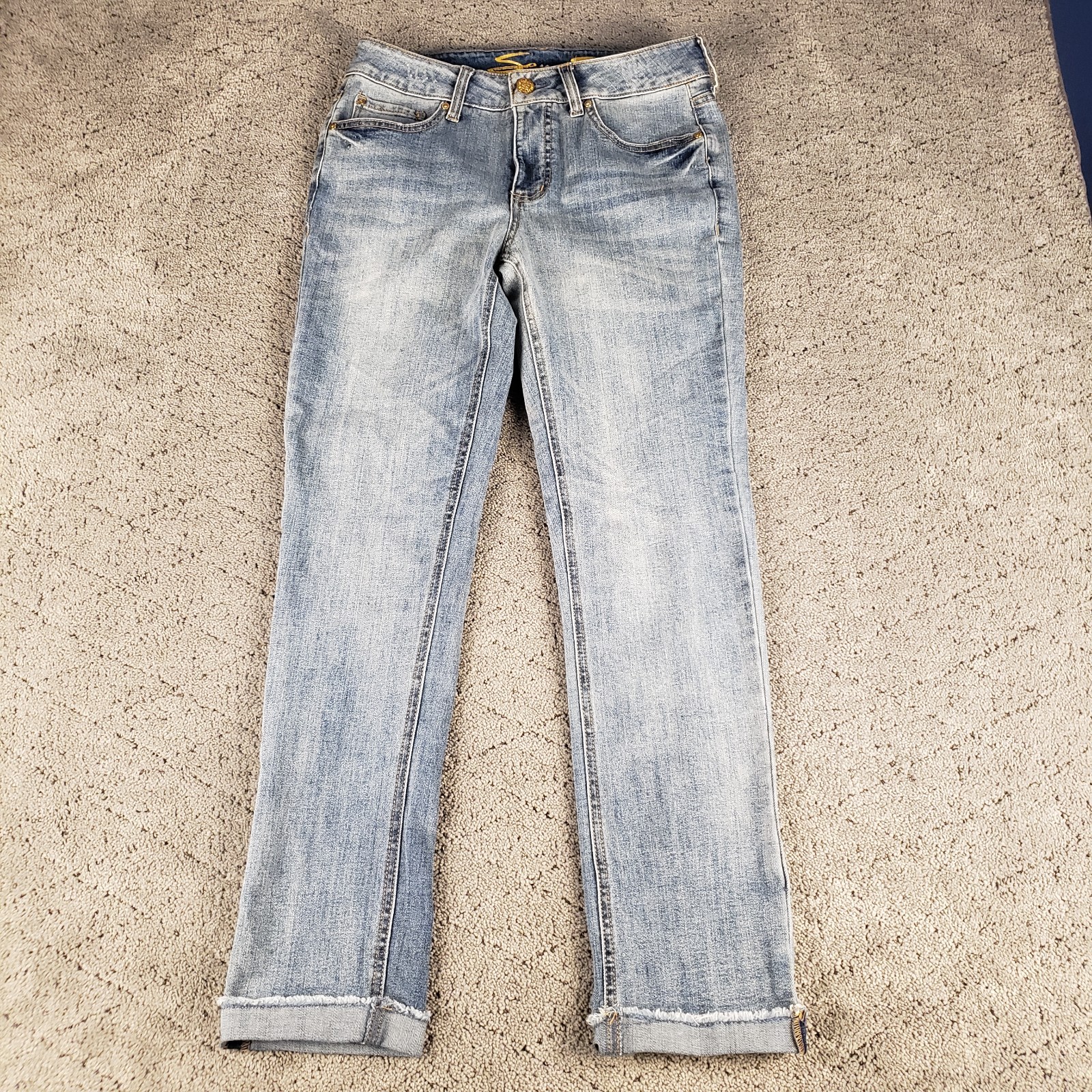 Seven 7 Jeans Womens 4 Blue Raw Hem Ankle Stretch Denim Straight Mid Rise