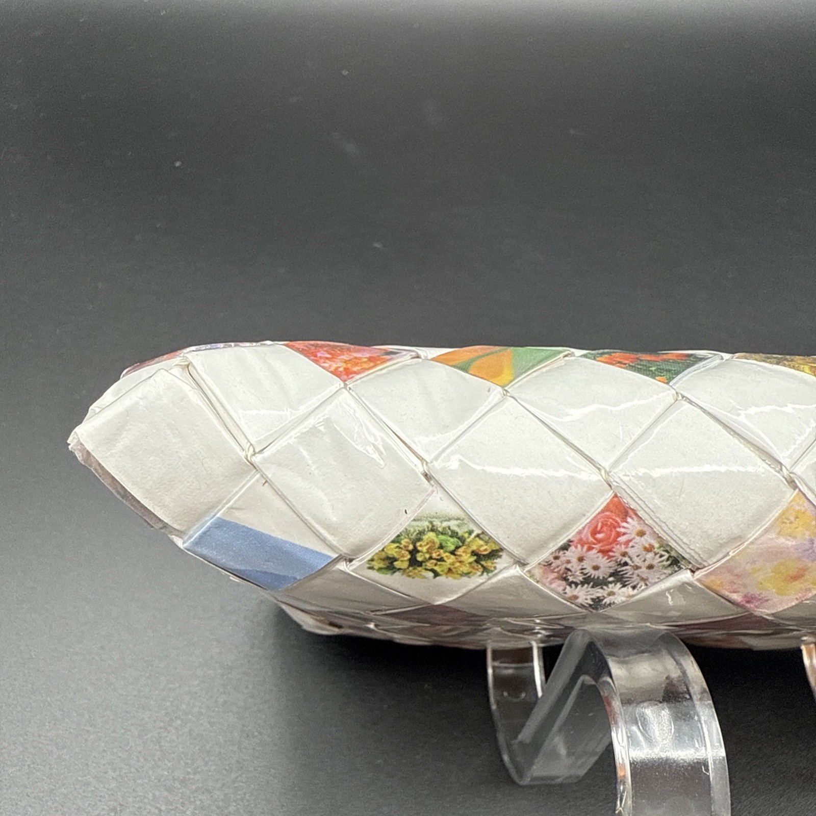 Nahui Ollin White And Floral Candy Wrapper Clutch Purse Wristlet Zip Top Woven