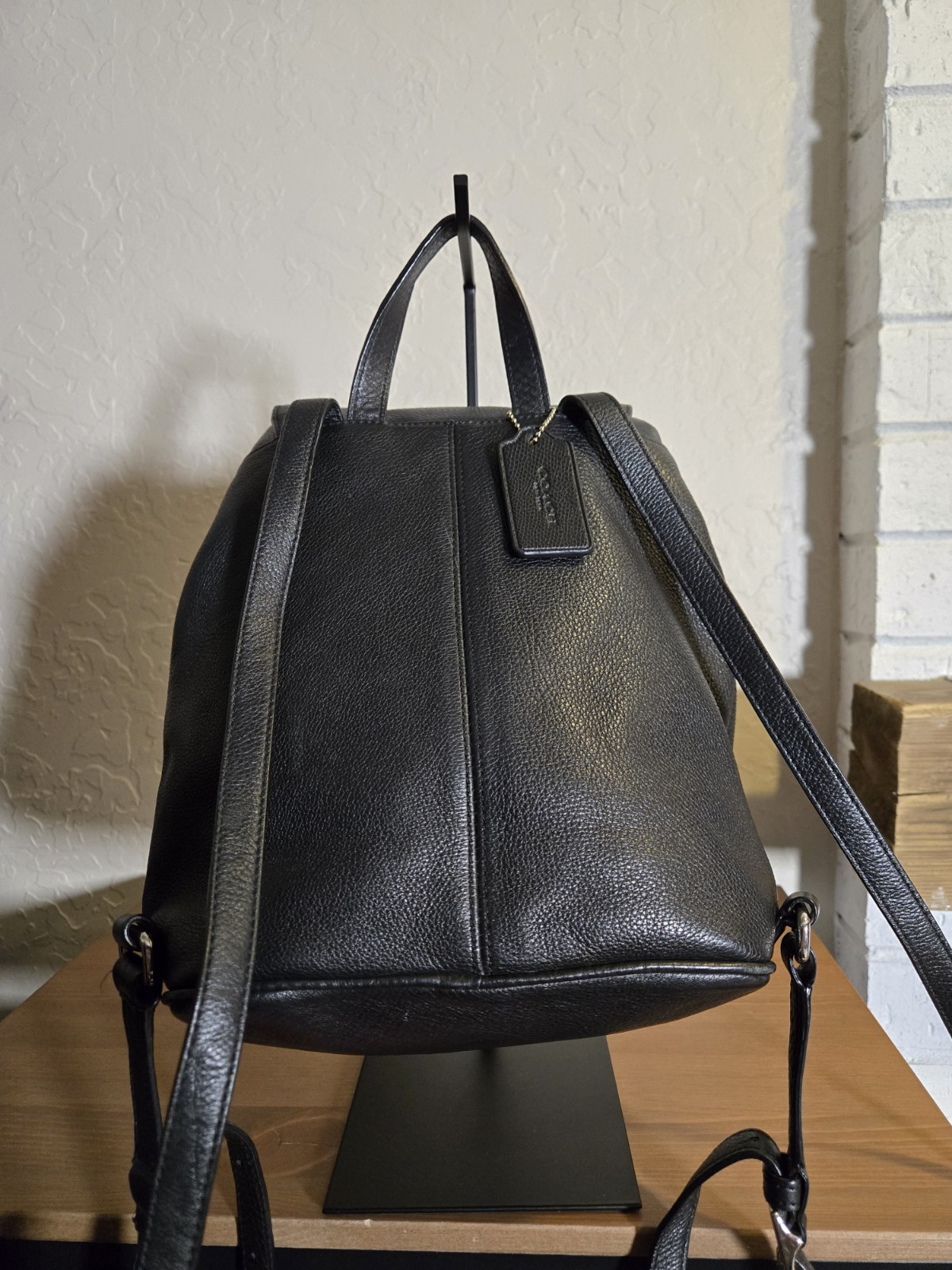Coach Black Pebbled Backpack Drawstring Turn Lock Silver 9 x 10.5 x 4.5