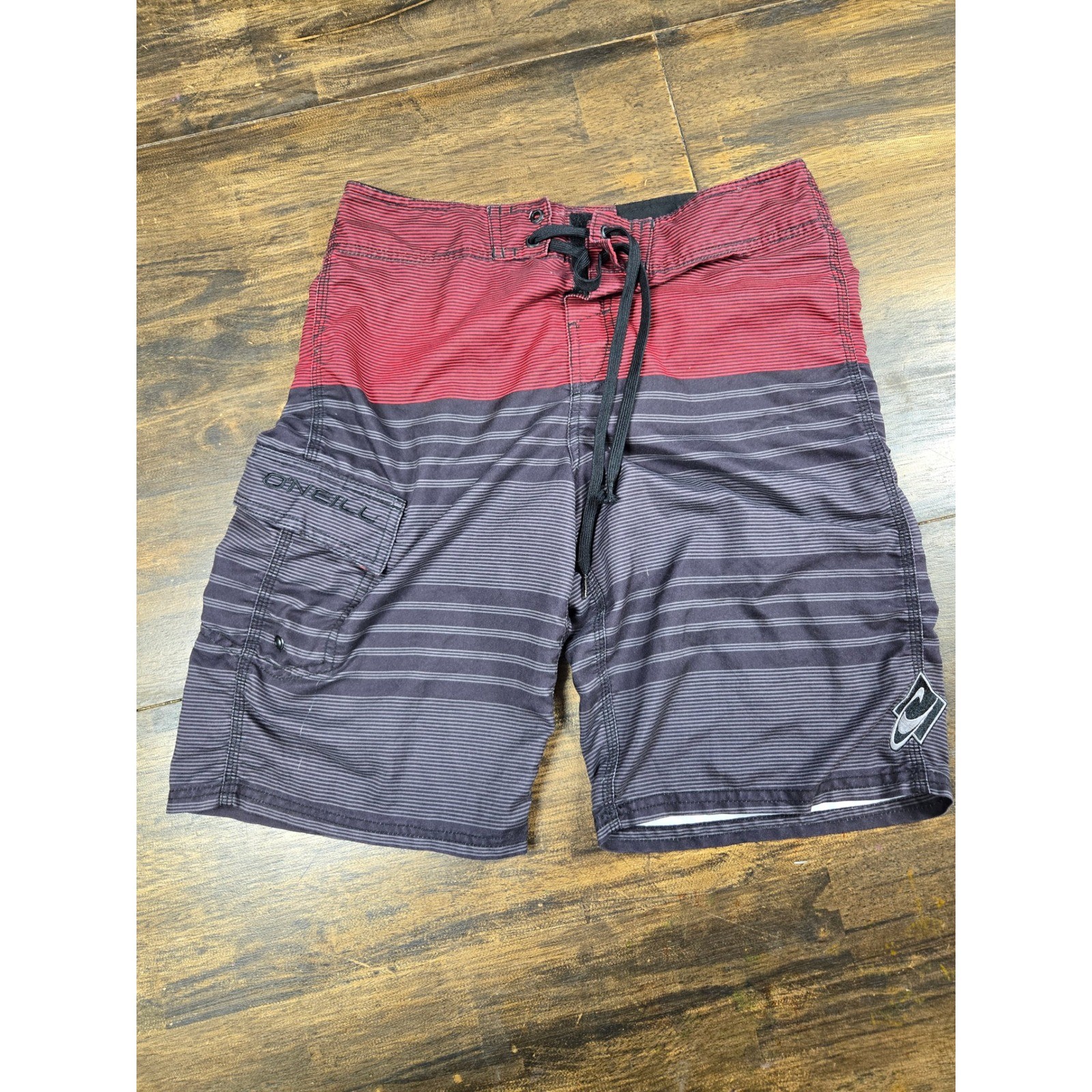 ONeill Mens Striped Board Shorts Red Charcoal Grey Cargo Pocket Size 29