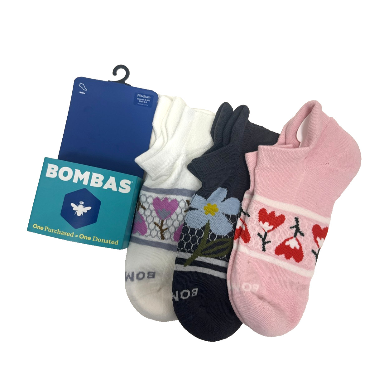 Bombas Women’s Floral Ankle Socks 3-Pack Size M Pink White Gray NEW Cotton