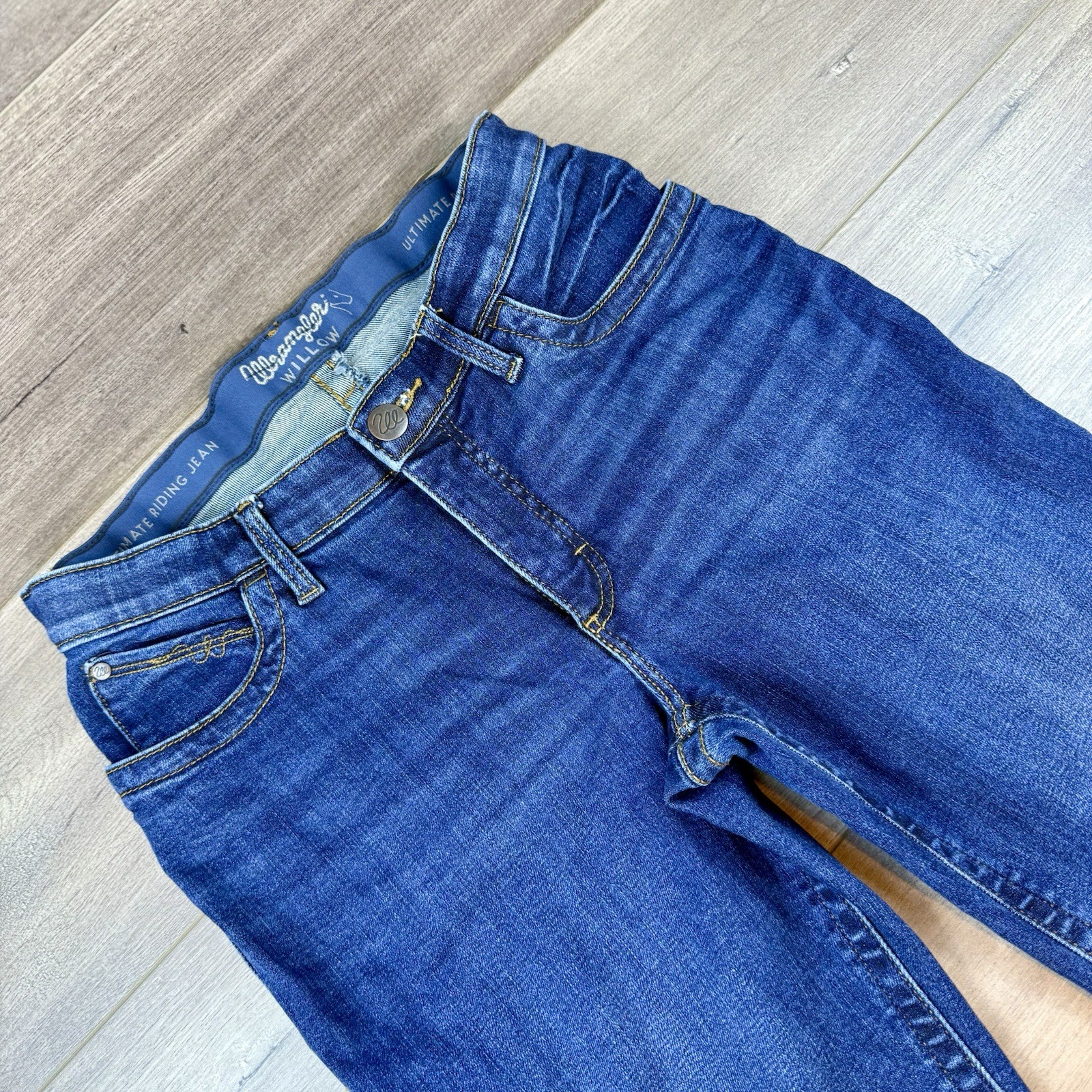 Wrangler Willow Ultimate Riding Jean 9 x 32 Blue Bootcut Stretch Denim Dark Wash