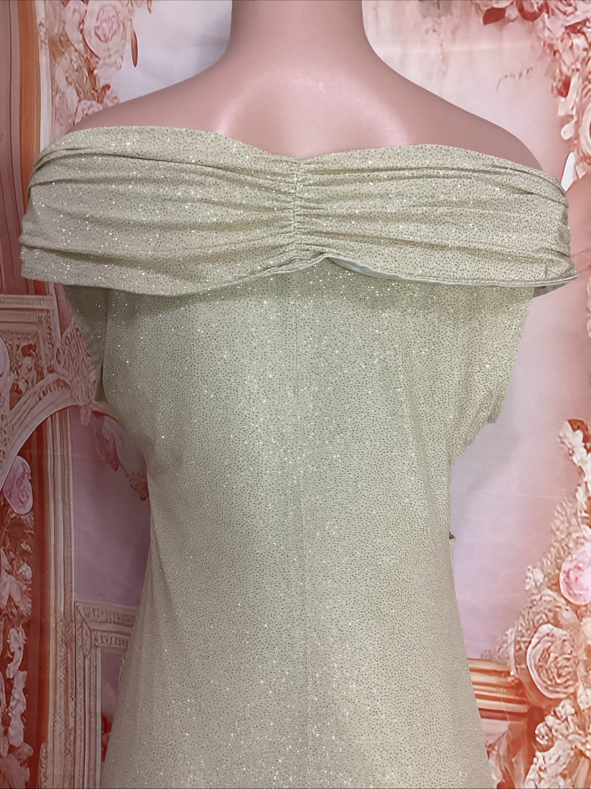 Candalite Champagne Sparkly Metallic Off Shoulder Cruise Prom Formal Gown L