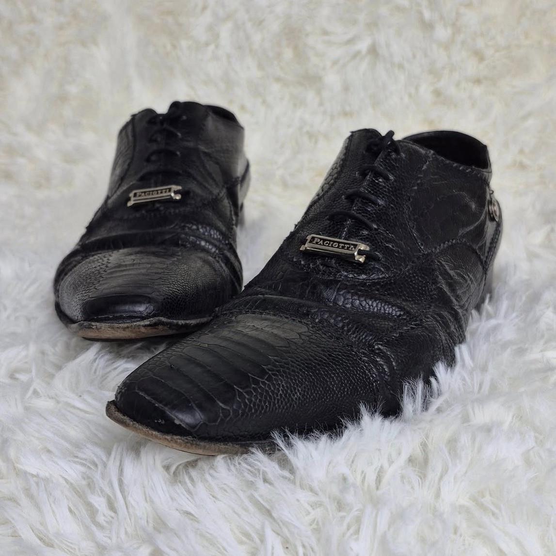 Cesare Paciotti Men’s Black Leather Reptile Embossed Pointed Toe Oxfords 10