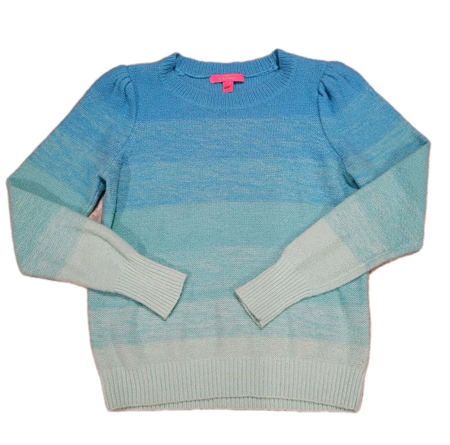 Lilly Pulitzer Drayton Ombre Sweater Plunge Blue/Mint Puff Sleeve Size Medium