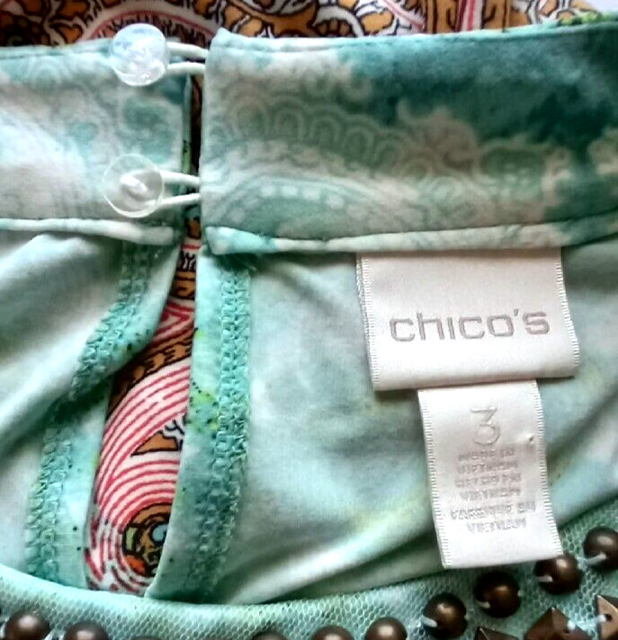 Chico’s 3 Blue Beaded Collar Keyhole Cold Shoulder Long Sleeve Knee Length Dress