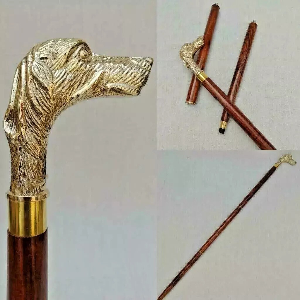 Dog Head Brass Handle Walking Stick – Wooden Cane for Men – Vintage Style 36″