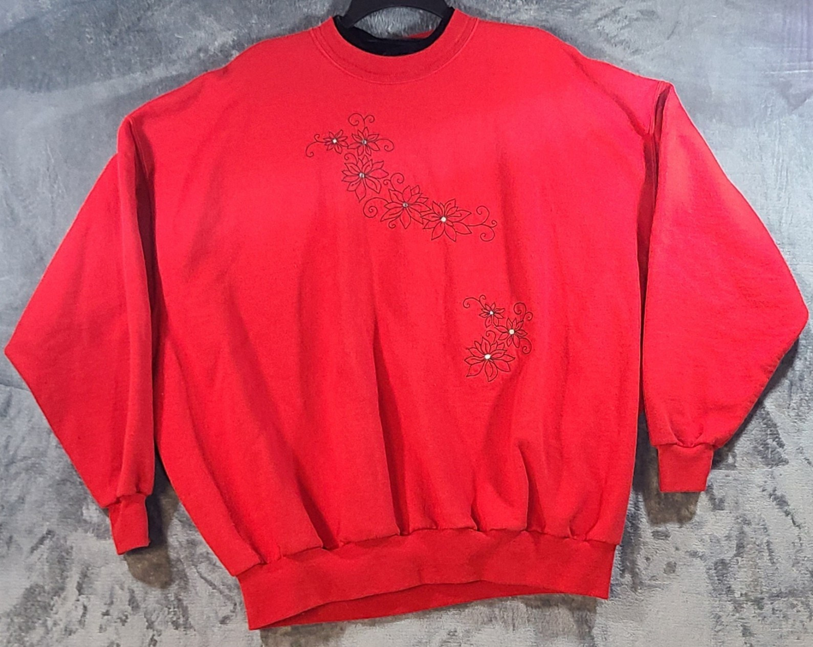 Vintage 90s Top Stitch by Morning Sun Red Poinsettia Sweatshirt 3X Rhinestone
