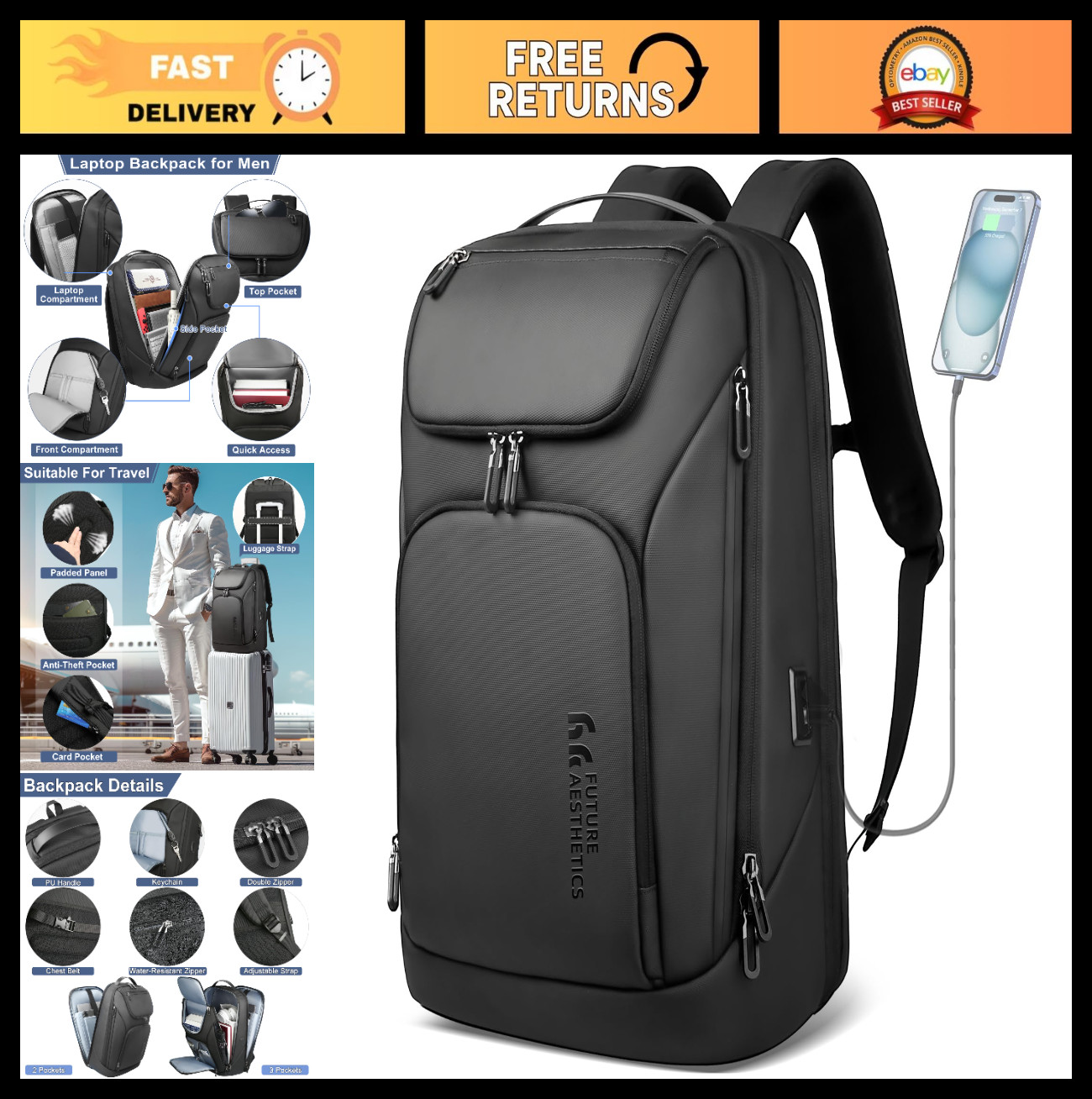 Smart Anti-Theft Business Backpack for 17.3″ Laptop, USB Charging, Water-Resista
