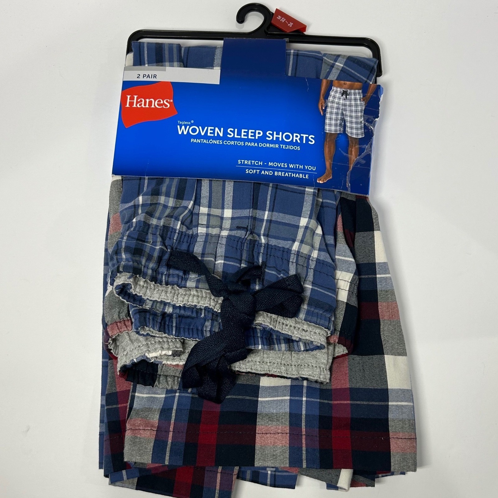 Hanes Mens 2 Pack Woven Plaid Sleep Shorts Blue Red Size Medium