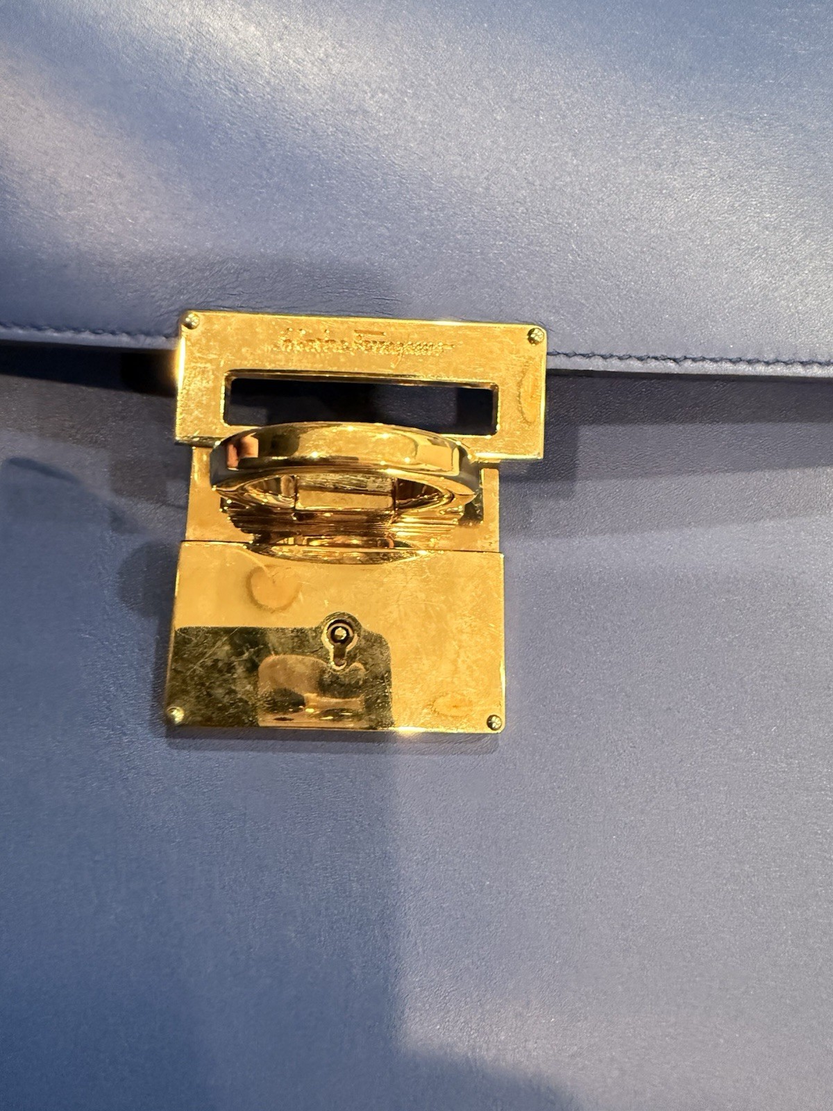 Auth Cert – Salvatore Ferragamo Blue Shoulder Bag Turn Lock Gold Hardware
