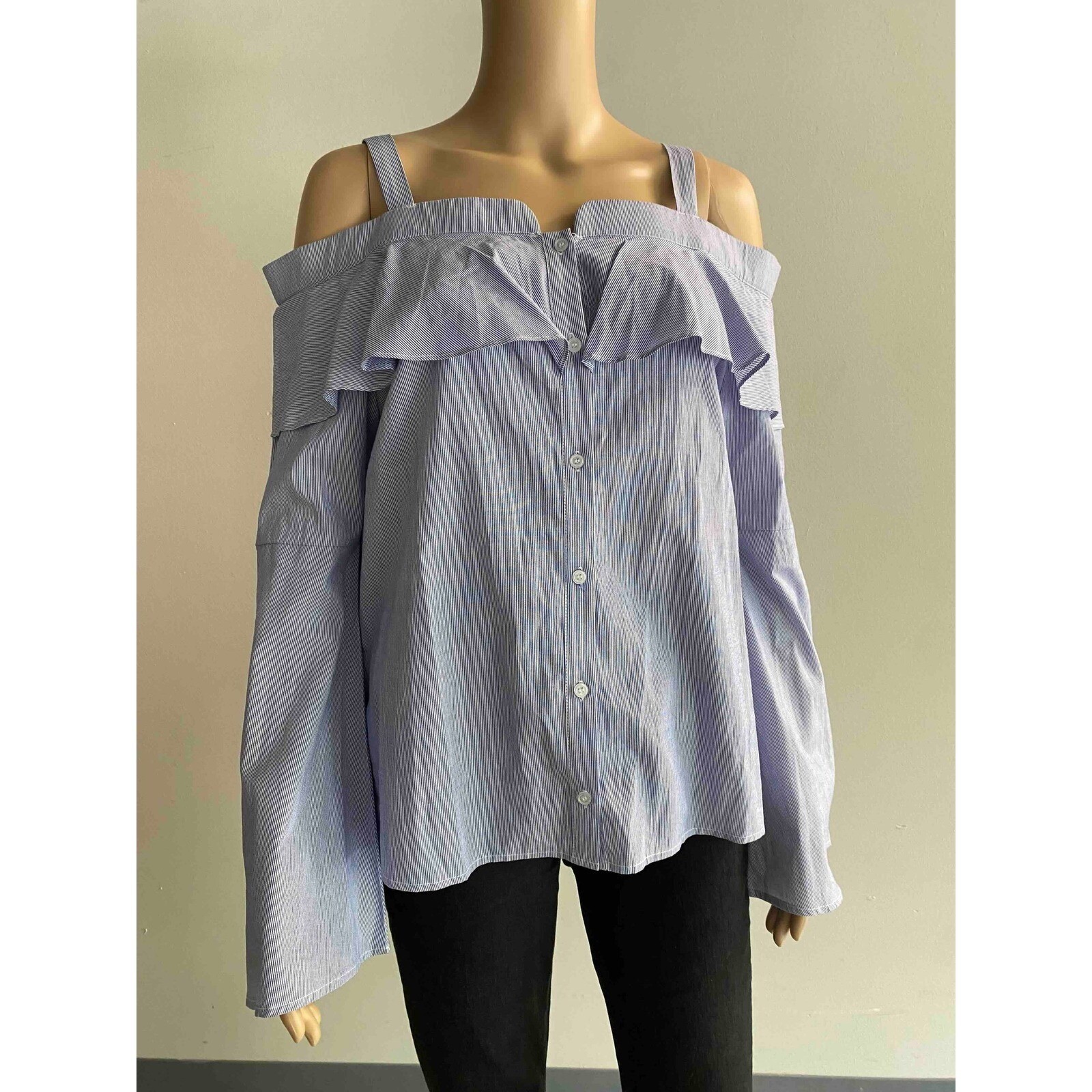 Trouve Blue White Striped Off Shoulder Ruffle Bell Sleeve Cotton Blouse Small