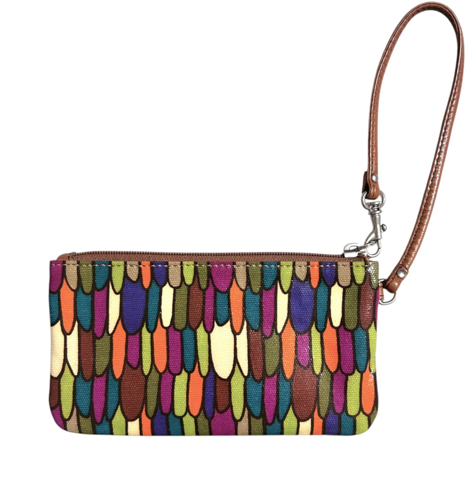 Fossil Key-Per Corner Zip Wristlet Wallet Multi Color Coated Canvas Leather Trim