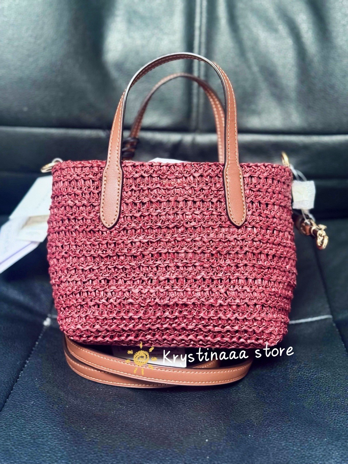 NWT Coach CEU30 City Mini Tote Bag With Charms in straw & Leather Gold/Russet