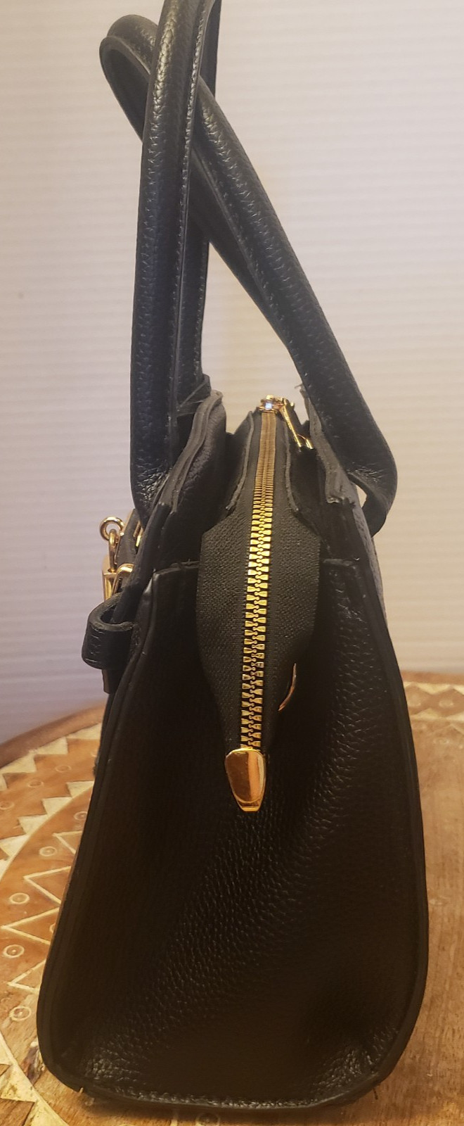 Black Satchel Handbag with Padlock and Gold-tone Hardware